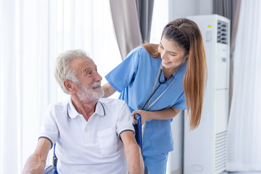 Nurse Medical Team Staff Working Support Service Health Care Senior Elderly Man on Wheel Chair