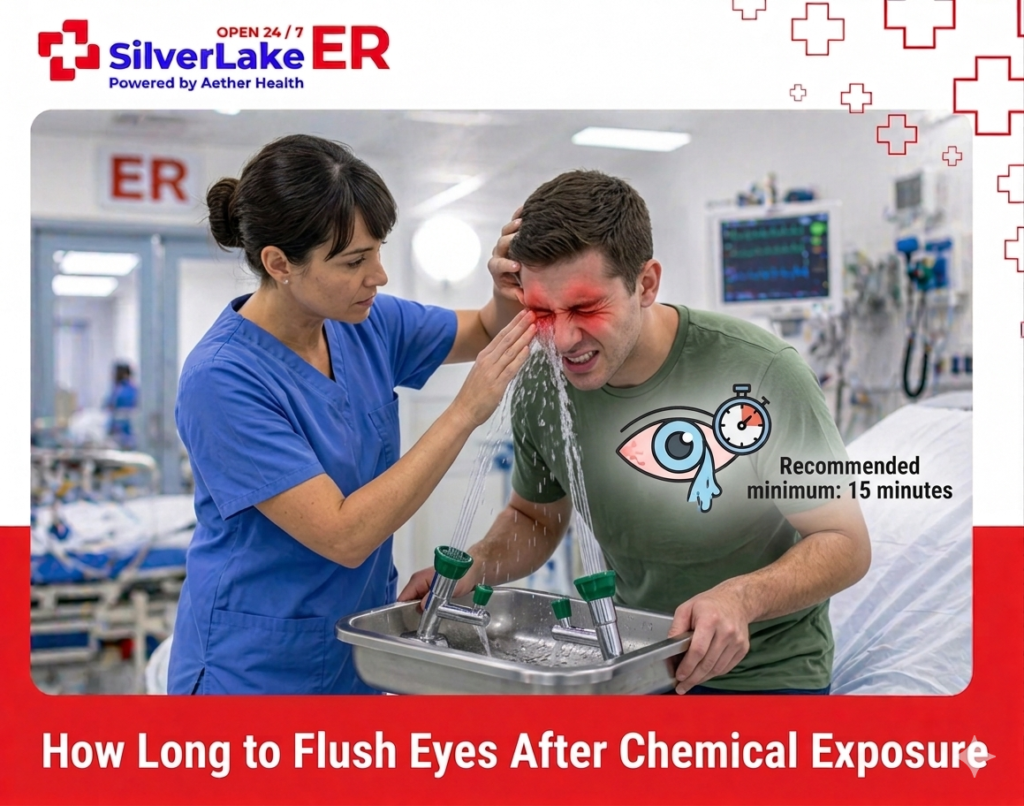 how long to flush eyes after chemical exposure